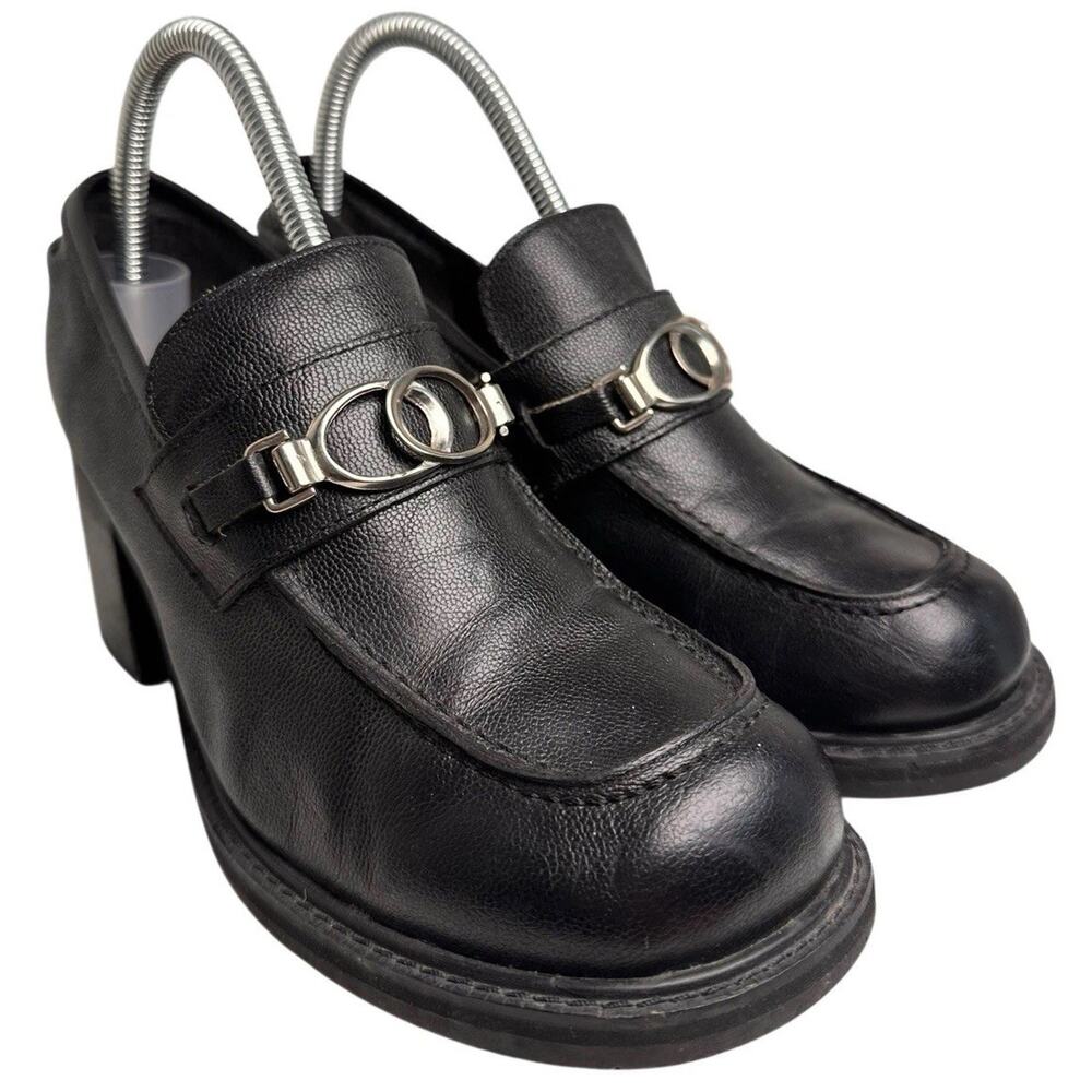 Vtg XAppeal Y2K‎ Chunky Platform Black Leather Loafers Women 8.5M Dark Academia